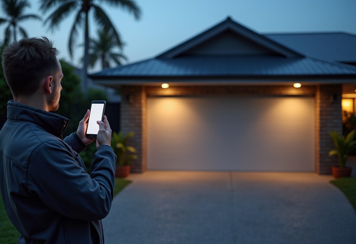 Smart garage door opener installation at dusk — Ashmore